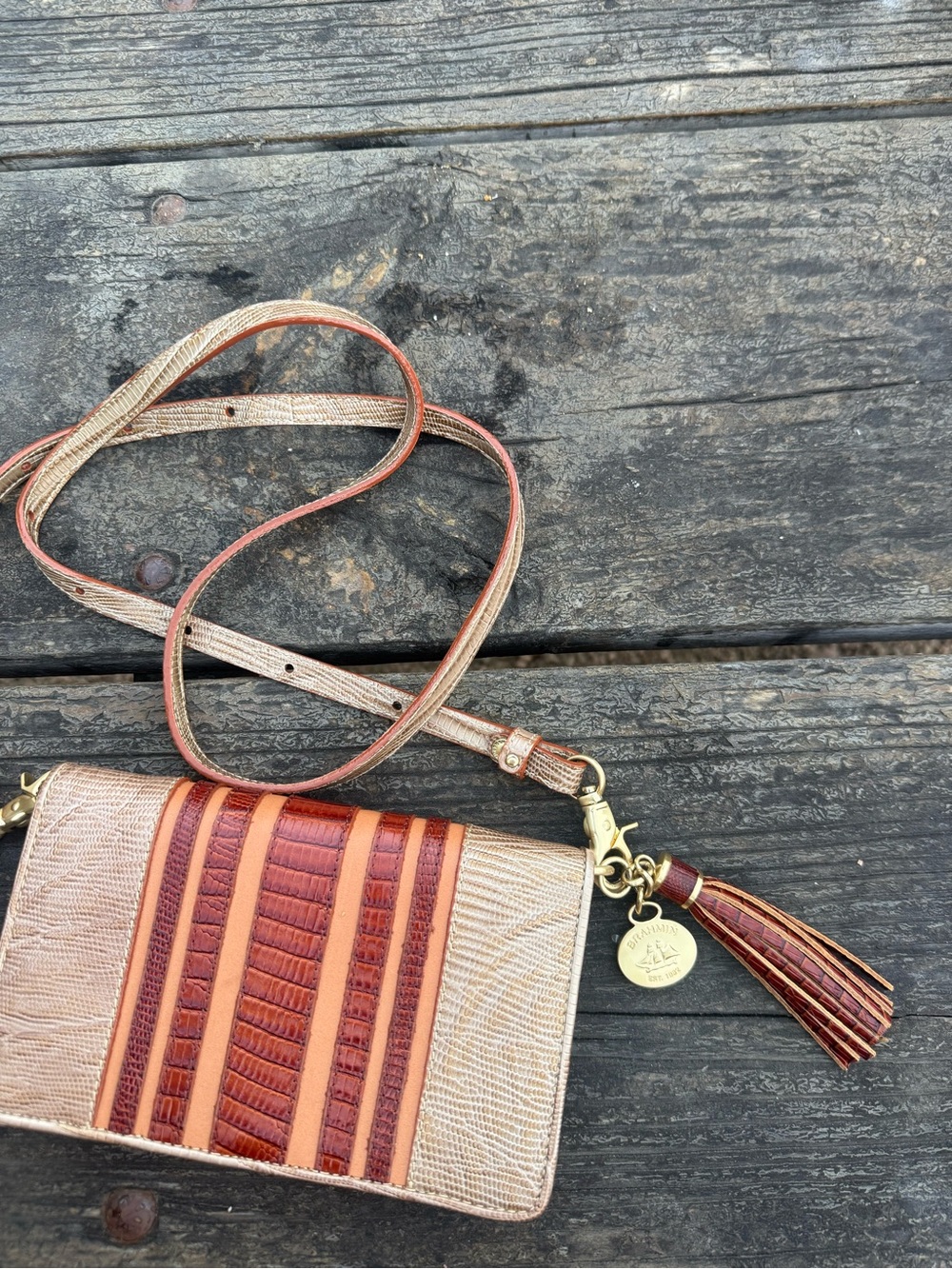 Brahmin Leather Crossbody Wallet Bag Cream Rust Orange Striped Tassel